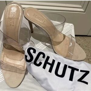 Schutz Women's Nude High Heeled Sandals wth clear vinyl straps Size 8.5